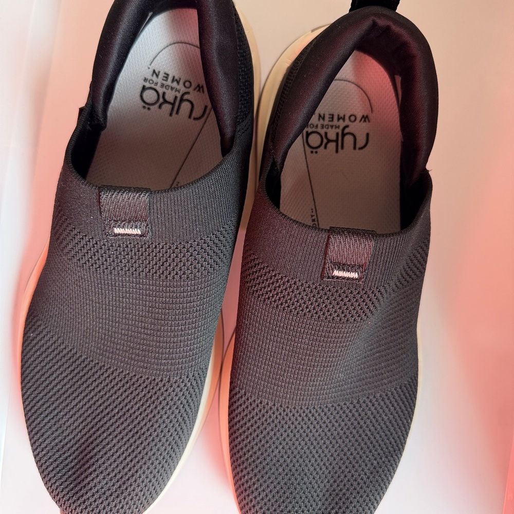 Ryka woman’s Slip-On Knit Sneakers - Black with White Sole never worn!!!